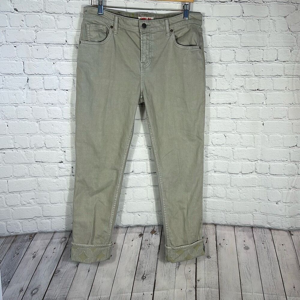 Johnny Was  Catalina Boyfriend Women’s Oil Green Jeans Embellished Cuffs size 28
